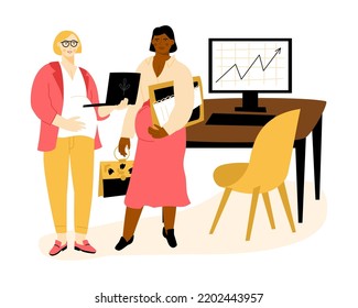 Pregnant women communication in the office.  Expectant mothers combining work and motherhood. Vector flat illustration