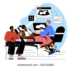 Pregnant women concept. Man and girl came to gynecologist for ultrasound. Checking condition of expectant mother and baby, health care. Family in specialists office. Cartoon flat vector illustration