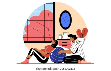 Pregnant women concept. Young girl performs special exercises on fitball. Assistant helps expectant mother to prepare for childbirth. Happy family in training. Cartoon flat vector illustration