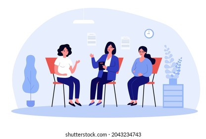 Pregnant women consulting specialist in prenatal class. Females with bellies talking to therapist flat vector illustration. Pregnancy, education, maternity concept for banner or landing web page