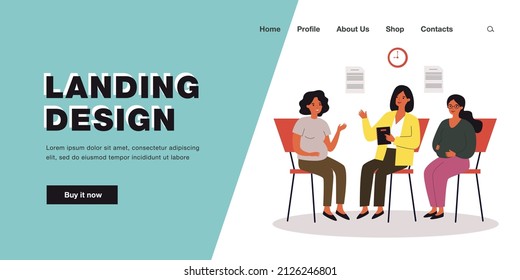 Pregnant women consulting specialist in prenatal class. Females with bellies talking to therapist flat vector illustration. Pregnancy, education, maternity concept for banner or landing web page