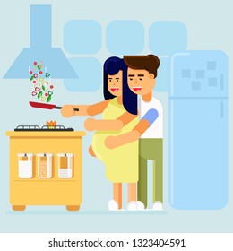 Pregnant women cook with the husband in the kitchen flat style,vector illustration