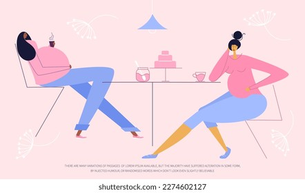 The pregnant women couple, frends relax in caffe. The have got INCREASED APPETITE DURING PREGNANCY. New mom  hungry, has discomfort, distress during pregnancy.