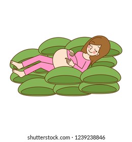 Pregnant women, cute cartoon character having a baby birth,mom, kid, family care concept, outline cartoon vector illustration.