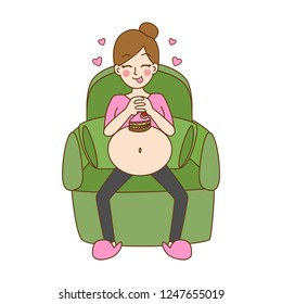 Pregnant women, cute cartoon character with cake, outline cartoon vector illustration.
