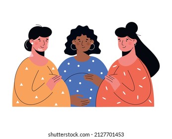 Mujeres embarazadas de diferentes nacionalidades. El concepto de apoyo a la mujer durante el embarazo y el parto. Ilustración vectorial para imprimir en un estilo plano. Diversidad de personas.