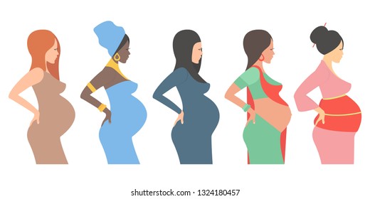 Pregnant women of different nationalities: european, african american, arab woman, hindu, asian. Future mothers of different nationalities. Vector illustration.