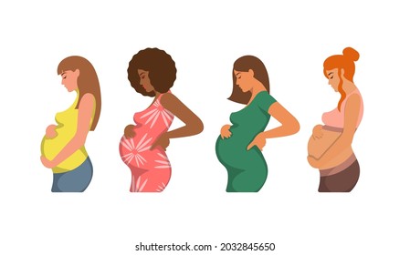 Pregnant women of different nationalities, races, hold a large round belly with their hands. Vector illustration, flat cartoon minimal design isolated on white background, eps 10.