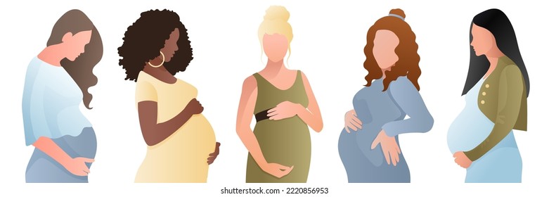 Pregnant women of different nationalities, races, hold a large round belly with their hands. Vector illustration