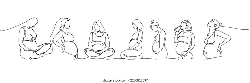 Pregnant women in different positions one line art. Continuous line drawing of pregnancy, motherhood, fitness, preparation for childbirth, yoga for pregnant women.