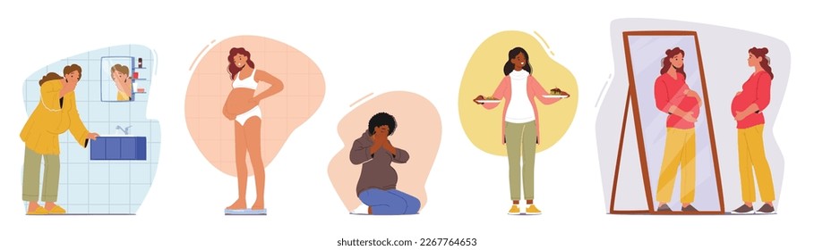 Pregnant Women in Different Situations Concept. Female Characters on Various Stages of Pregnancy Feel Satisfied or Unhappy, Crying or Smiling, Prepare for Maternity. Cartoon People Vector Illustration