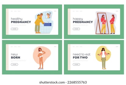 Pregnant Women in Different Situations Landing Page Template Set. Female Characters on Various Stages of Pregnancy Crying or Smiling, Prepare for Maternity. Cartoon People Vector Illustration