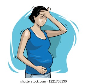 Pregnant women dizzy while holding the head and abdomen vector Illustration