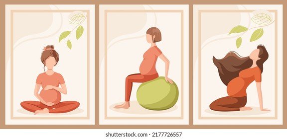 Pregnant women do yoga. A set of illustrations. Healthy lifestyle. Cartoon design.
