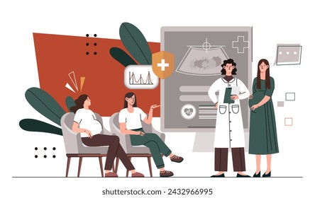 Mujeres embarazadas con doctor. Concepto de ginecología. Aparato reproductor femenino. Anatomía y biología. Cuidado de la salud y tratamiento, medicina. Ilustración plana del vector de la historieta aislada sobre fondo blanco