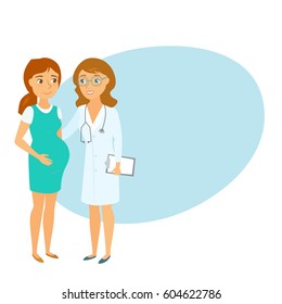 Pregnant women and doctor. Mom and obstetrician gynecologist. Pregnancy health care, expecting baby. Motherhood consulting.