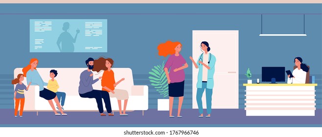Pregnant women at doctor. Queue to gynecologist office, women with children and husband, expectant mothers vector illustration