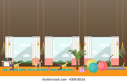 Pregnant women are doing exercise and yoga in fitness center. Gym interior vector illustration. Pregnant woman fitness banners.