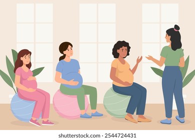 Pregnant women doing exercises on fitness ball with  trainer. Pregnancy courses for new mothers,healthy happy motherhood social concept.Vector Illustration