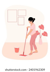 Pregnant women doing housework , Mop the floor