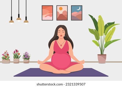 Pregnant women doing lotus pose yoga exercises. Practicing meditation on the mat. Female character practicing yoga at home vector illustration.