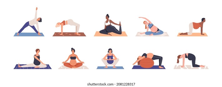 Pregnant women doing prenatal yoga exercises set. Mothers with bellies at fitness workout during pregnancy. Stretching gymnastics for moms. Flat vector illustration isolated on white background