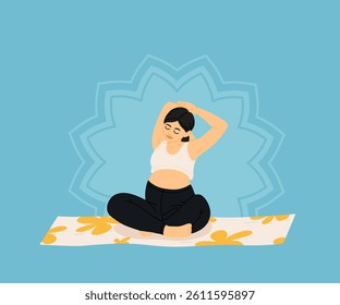 Pregnant women doing prenatal yoga exercises set. Mothers with bellies at fitness workout during pregnancy. Stretching gymnastics for moms. Flat vector illustration isolated on white background