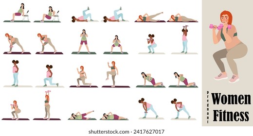 Mujeres embarazadas haciendo ejercicio. Feminismo, autoaceptación y libertad. Estilo de vida activo. Deporte, bienestar. Las mujeres entrenan, fitness. Ilustración vectorial plana