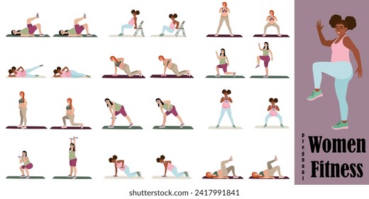 Pregnant women doing workout. Feminism, self acceptance and liberty. Active lifestyle. Sport, wellness. Women workout, fitness. Flat vector illustration