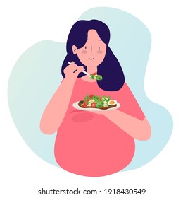 pregnant women eating healthy food salad with cartoon flat style vector design illustration