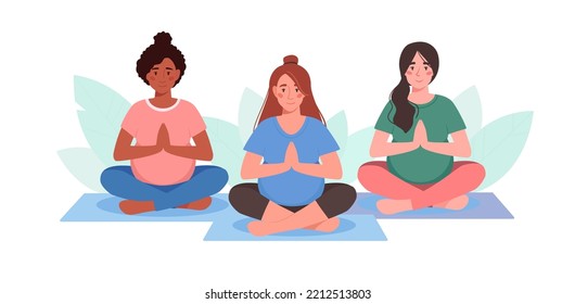 Pregnant women is engaged in yoga. Girls of different nationalities sit in asana, meditate. active pregnancy. Siddhasana, virasana. Vector illustration in flat style, isolated background with foliage