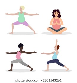 Pregnant women exercising yoga. Illustration in flat cartoon style, concept illustration for healthy lifestyle, sport, exercising.