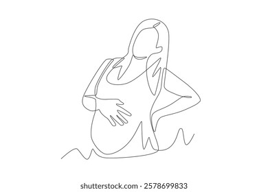 Pregnant women feel pain in the stomach. Pregnant women getting ready for baby concept one-line drawing