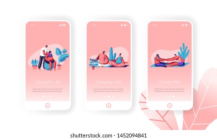 Pregnant Women Fitness Sports Activity Mobile App Page Onboard Screen Set Happy Couples Waiting Baby Exercising in Gym, Yoga, Fitball Concept for Website or Web Page, Cartoon Flat Vector Illustration