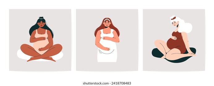 Pregnant women. Flat female portraits with childbearing belly, diverse expecting moms, maternity, motherhood and pregnancy concept. Cartoon vector set.