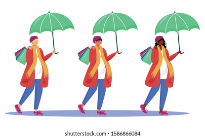 Pregnant women flat vector illustrations set. Happy pregnancy time. Awaiting of baby. Young mothers go shopping under umbrellas isolated cartoon characters on white background