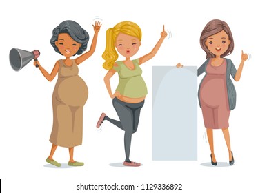 pregnant women group. three different people stance. mothers who are fluent and healthy. hold signs, do hand signs and hold lavender. Vector illustrations isolated on white background.