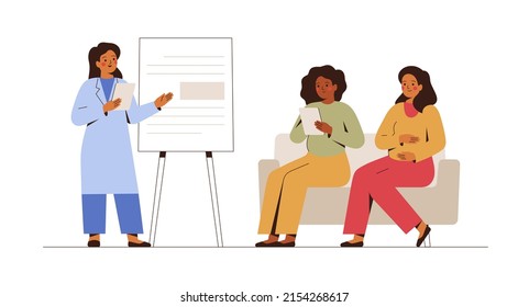 Pregnant women have prenatal consultation in medical hospital. Doctor talking about pregnancy and maternity to Young mothers in antenatal class. Vector illustration