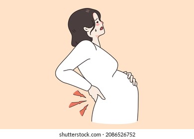 Pregnant women health problems concept. Young pregnant woman with huge belly holding her back feeling contractions before childbirth vector illustration 