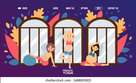 Pregnant women, healthy yoga sport for gestation period, flat vector illustration. Landing page mother wholesome. Contact us, about us, home, options, info button. Website design template.