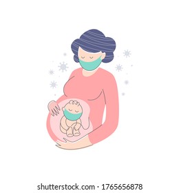 Pregnant women and her unborn child wearing medical masks, metaphor of coronavirus infection danger for pregnancy and newborn.Fear of contamination for expecting women.Vector illustration, flat style