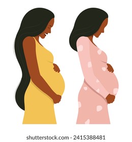 Pregnant women hugging their bellies. Vector illustration in flat style.