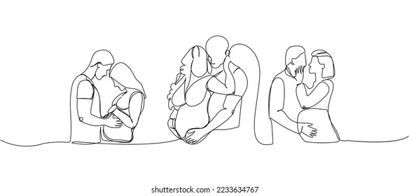 Pregnant women with husbands, family, love set one line art. Continuous line drawing of pregnancy, motherhood, preparation for childbirth, expectation of a child.