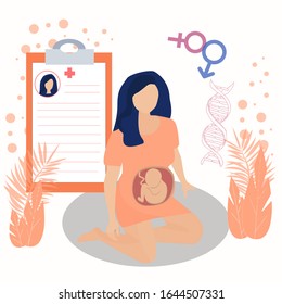 Pregnant women with illustration of embryo on her stomach sitting near medical history. Concept vector illustration