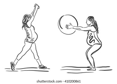 pregnant women involved in fitness exercise, vector illustration, sketch