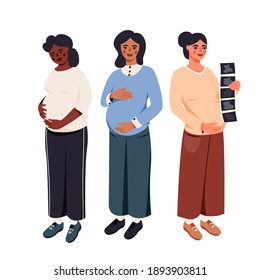 Pregnant women isolated on white vector illustration. Happy mothers is awaiting a baby design element. Young female parents in cartoon style.