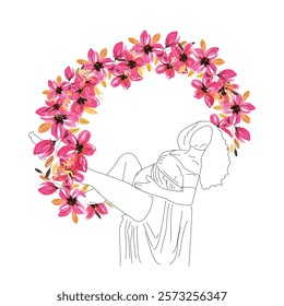 Pregnant women line drawing vector illustration, floral pregnancy line illustration, mommy to be line drawing