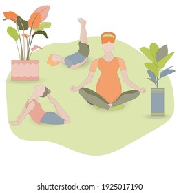 Pregnant women in lotus asana meditating. Little kids doing asanas nearby. Little girl in King Pigeon pose. Little boy doing Viparita Karani. Family doing yoga at home. Vector Illustration.