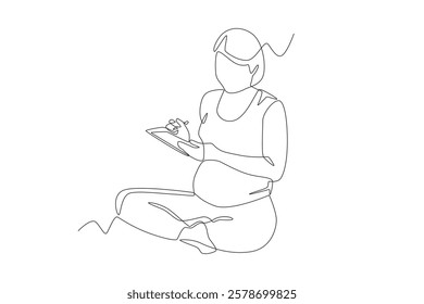 Pregnant women make a list of birth supplies. Pregnant women getting ready for baby concept one-line drawing