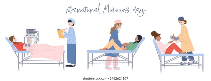 Pregnant women at the maternity hospital. Cartoon set of illustrations with midwives and patients. Healthcare medical concept. Vector drawing with medical theme on white background.